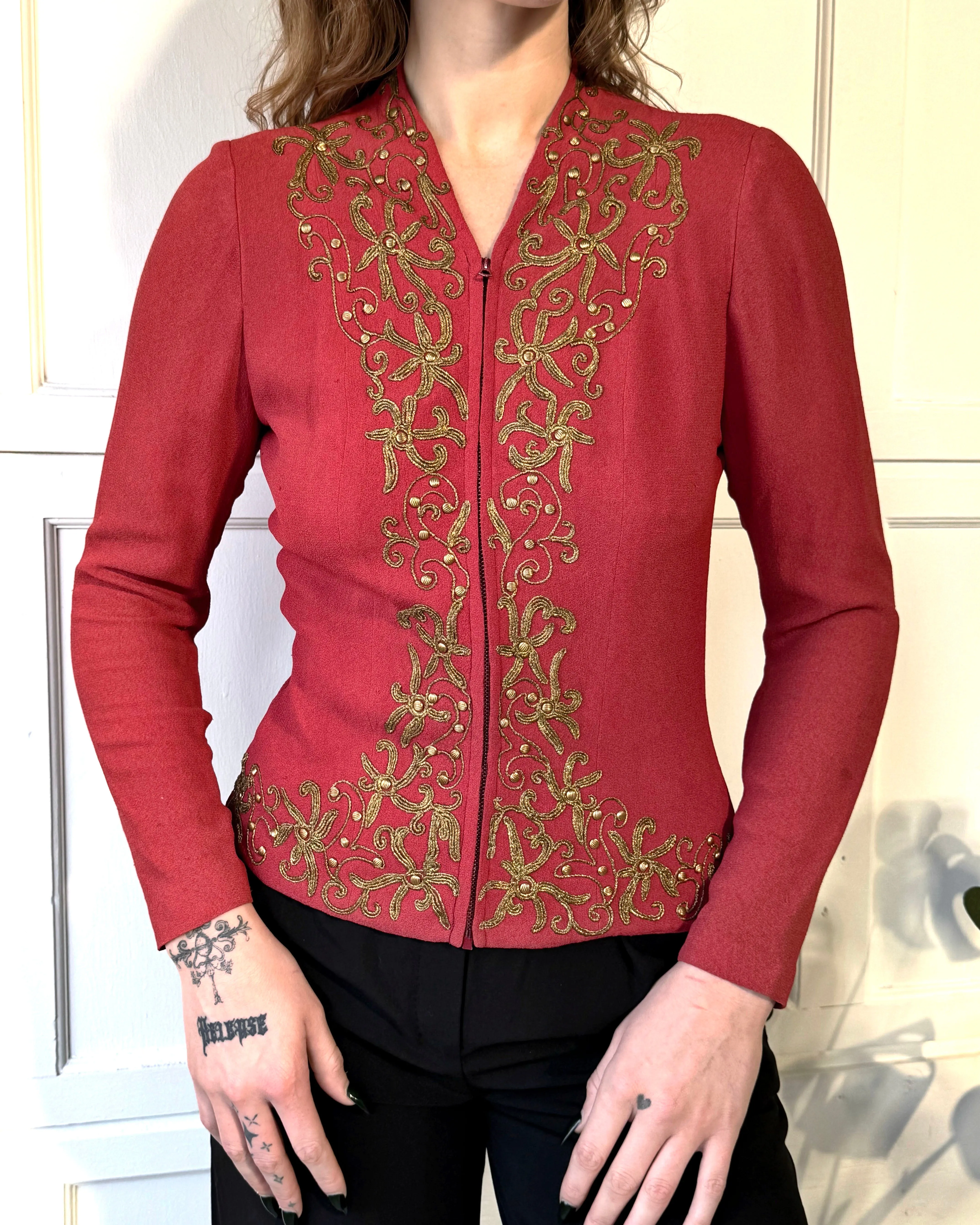 30s Studded Crepe Zip Up Blouse | M