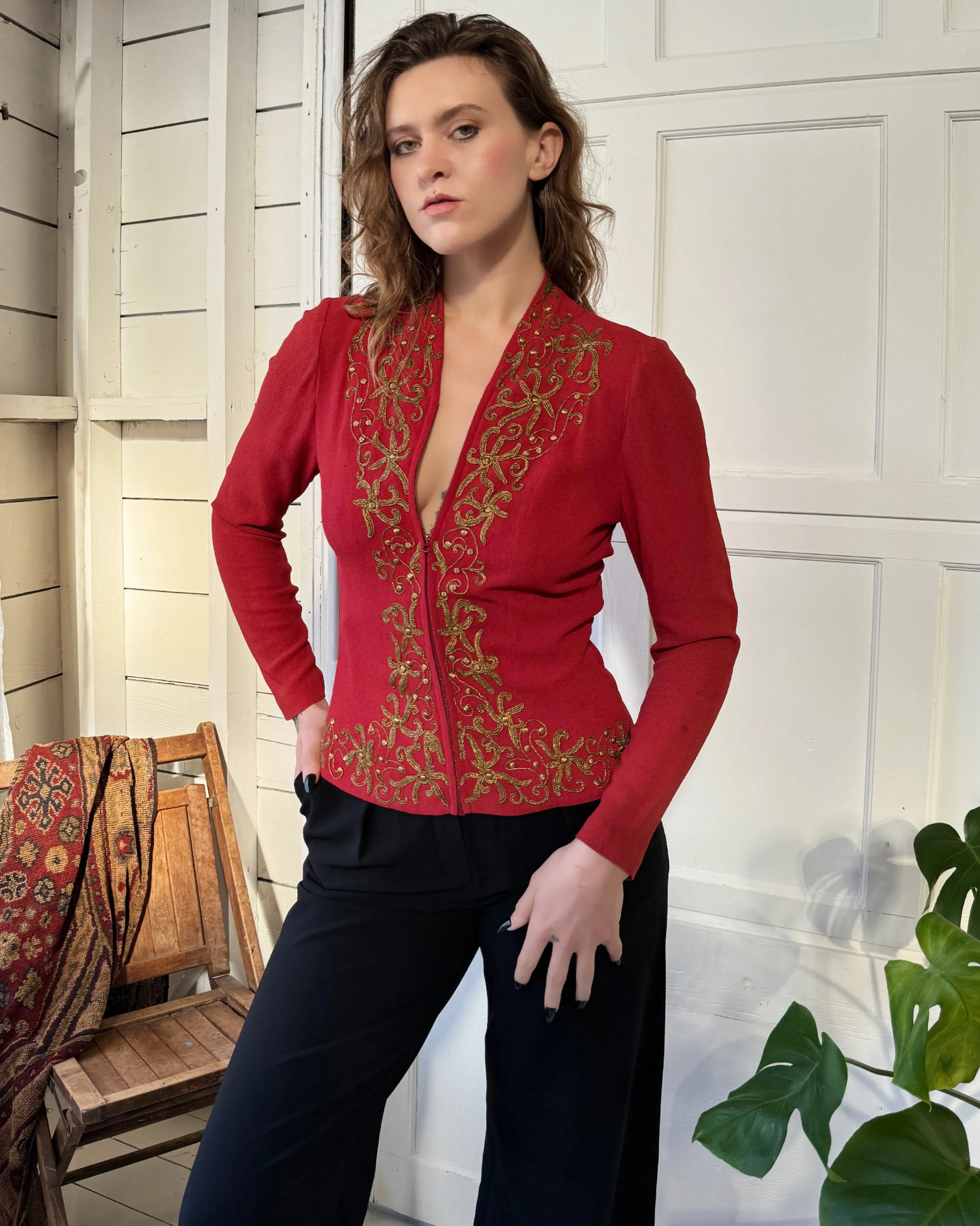 30s Studded Crepe Zip Up Blouse | M