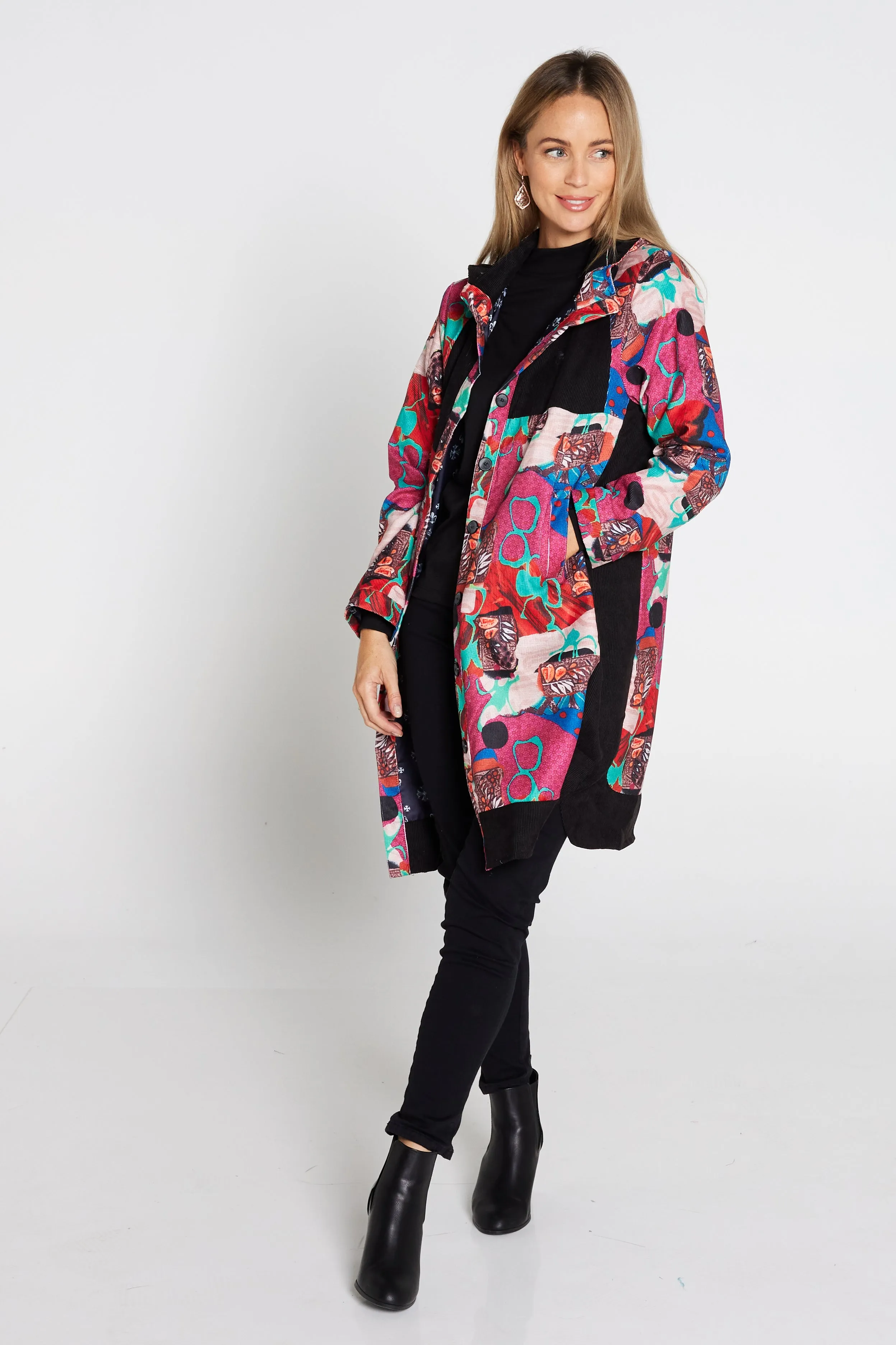 Bicheno Corduroy Coat - Pink Abstract