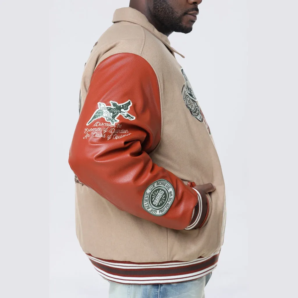 Big and Tall - Tapestry Sleeved Varsity Jacket - Muted Khaki