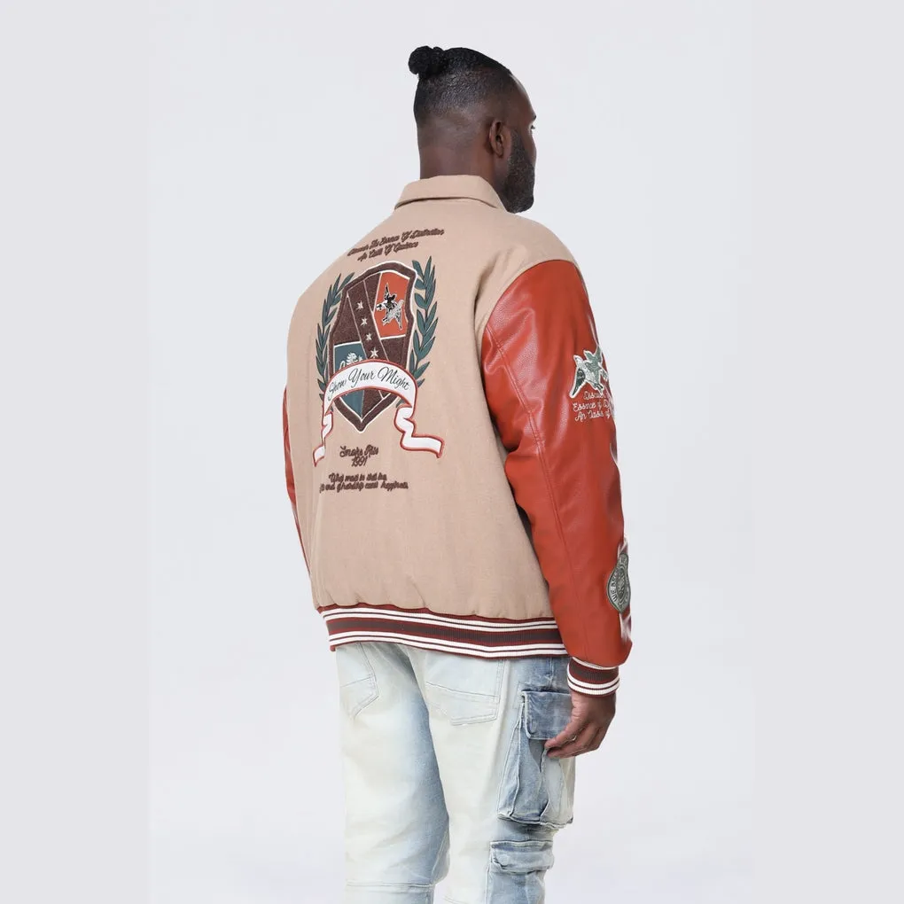 Big and Tall - Tapestry Sleeved Varsity Jacket - Muted Khaki