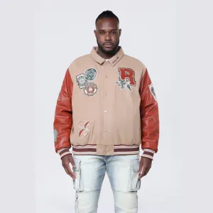 Big and Tall - Tapestry Sleeved Varsity Jacket - Muted Khaki