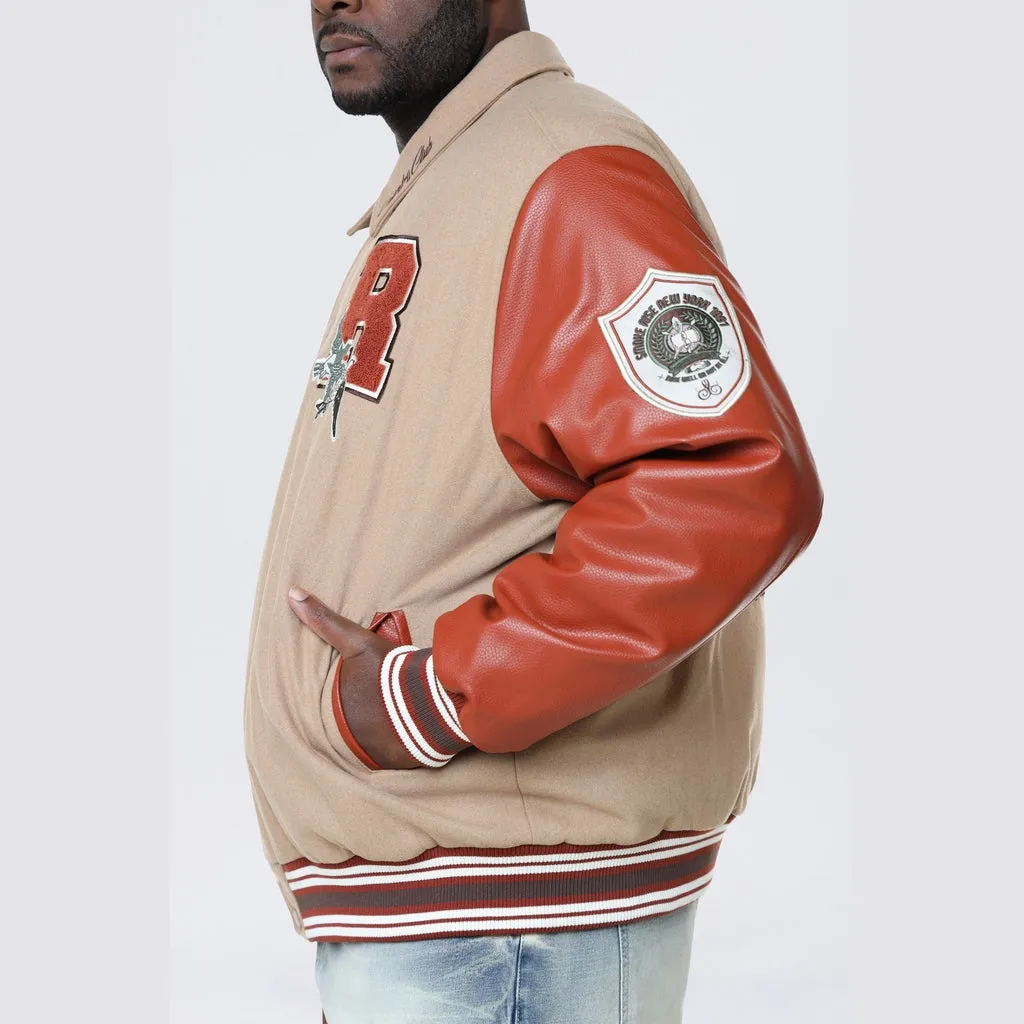 Big and Tall - Tapestry Sleeved Varsity Jacket - Muted Khaki