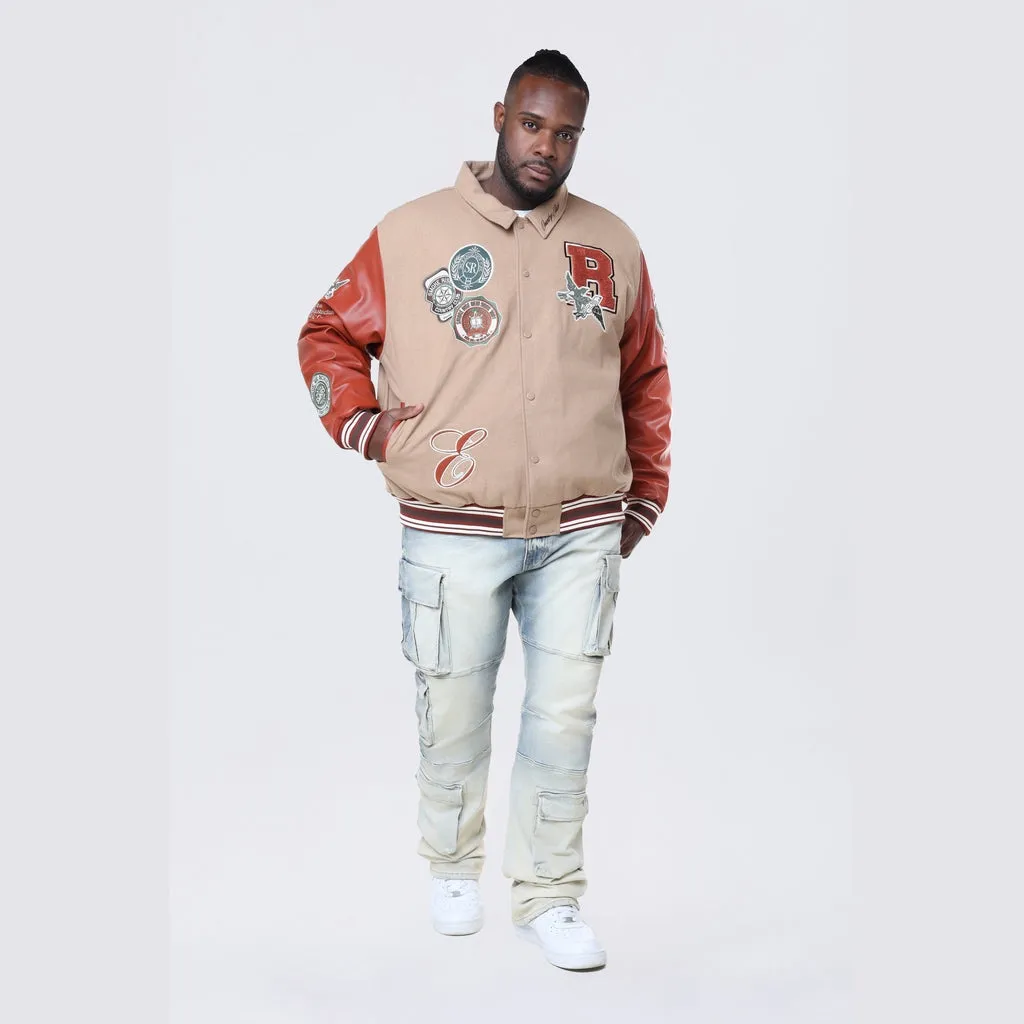 Big and Tall - Tapestry Sleeved Varsity Jacket - Muted Khaki