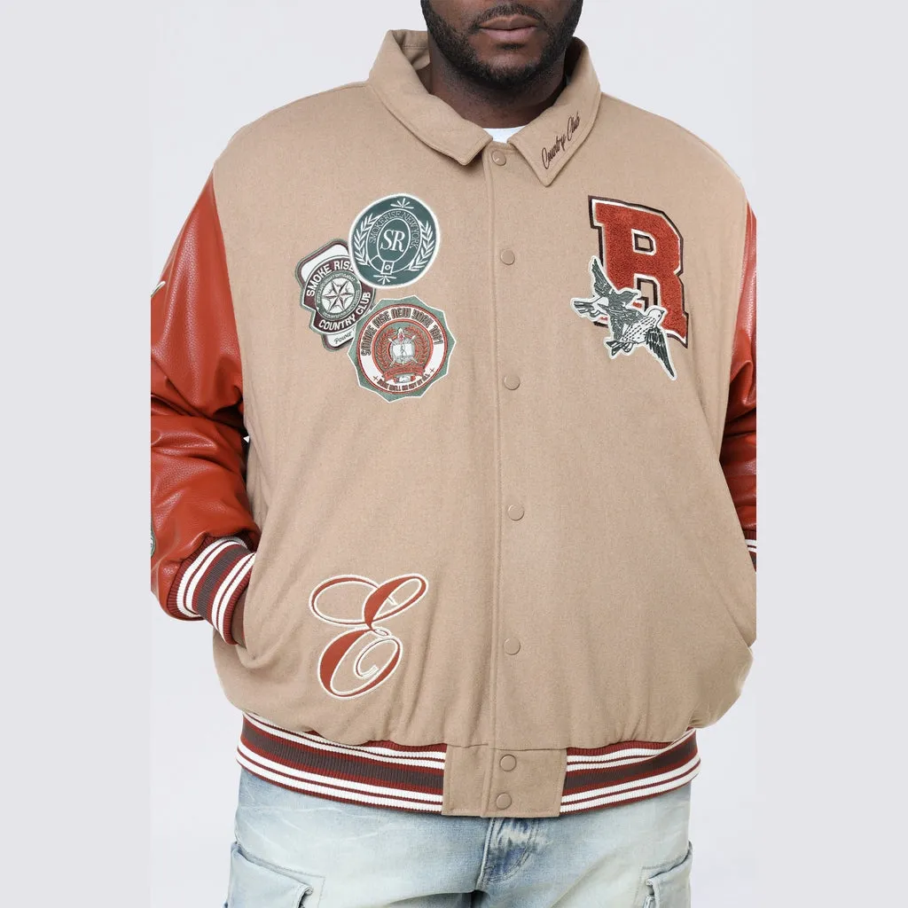 Big and Tall - Tapestry Sleeved Varsity Jacket - Muted Khaki