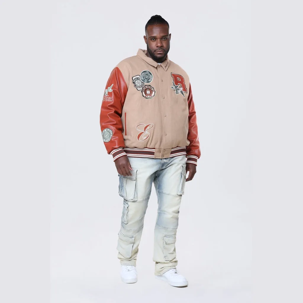 Big and Tall - Tapestry Sleeved Varsity Jacket - Muted Khaki