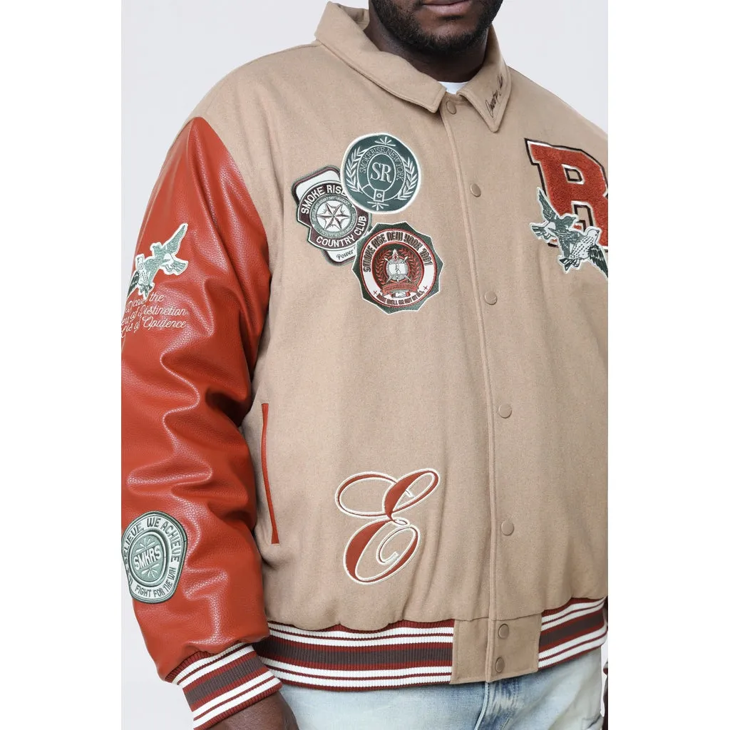 Big and Tall - Tapestry Sleeved Varsity Jacket - Muted Khaki