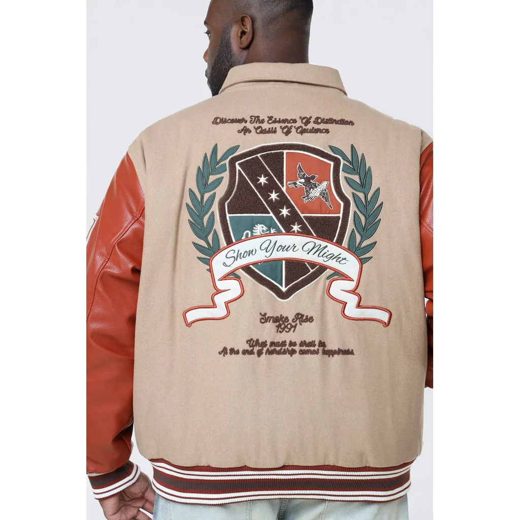 Big and Tall - Tapestry Sleeved Varsity Jacket - Muted Khaki