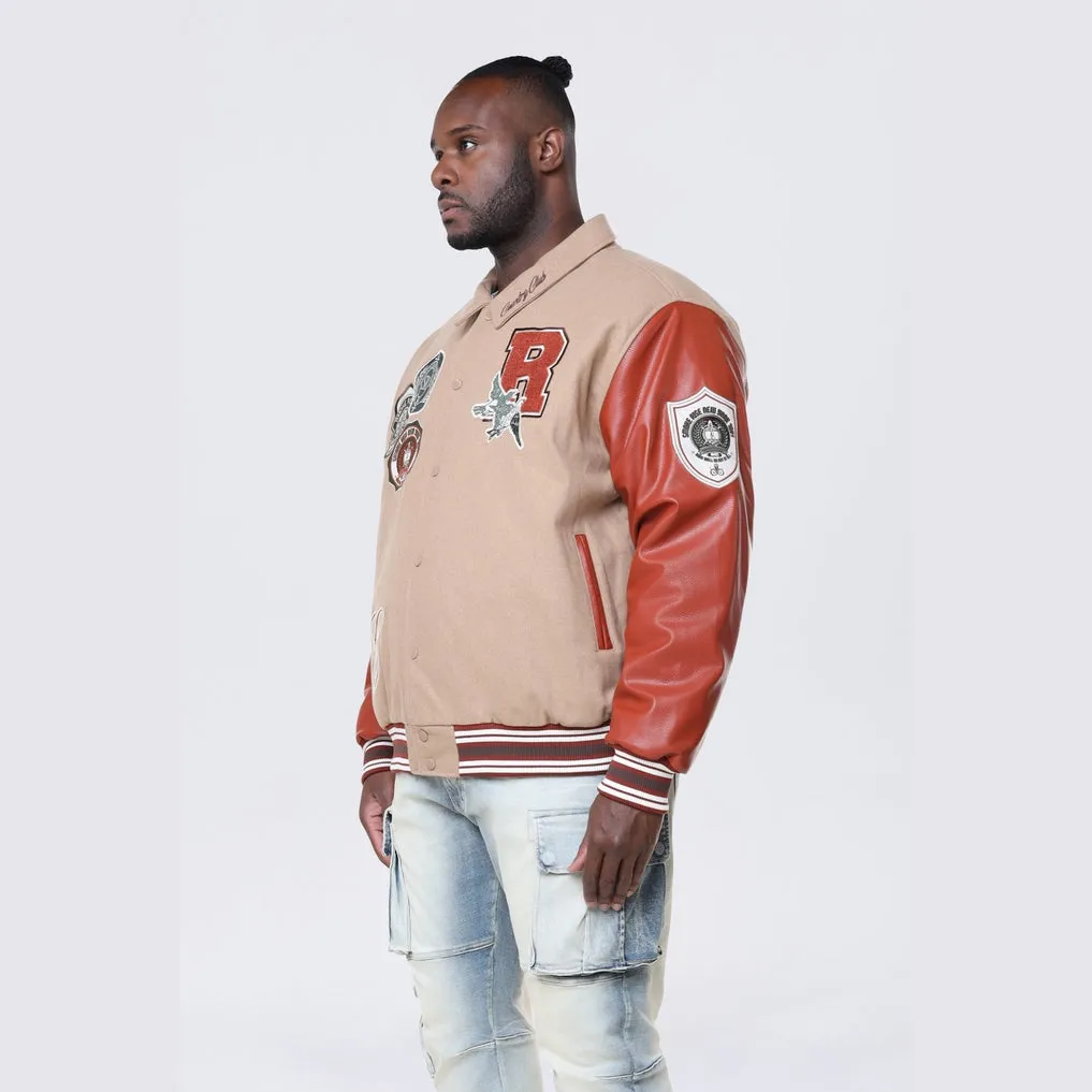 Big and Tall - Tapestry Sleeved Varsity Jacket - Muted Khaki