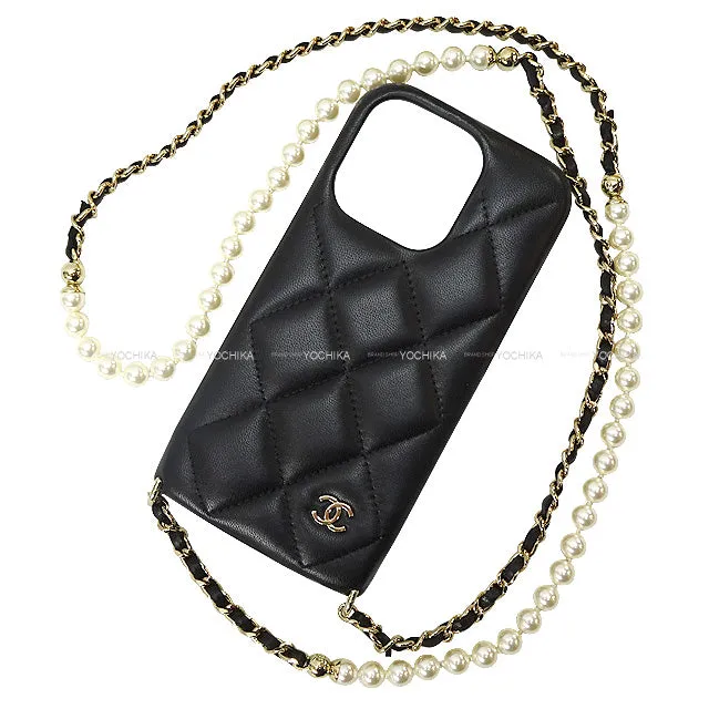 CHANEL iPhone case Matelassé Pearl Long Chain iPhone14 PRO Phone Case Noir (Black)/Bordeaux Lambskin Champagne Gold HW AP3556[BRAND NEW][Authentic]