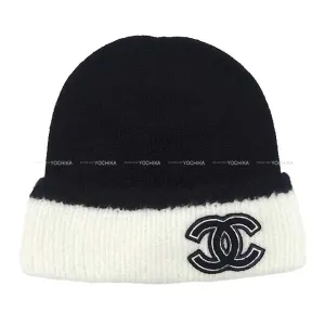 CHANEL Knit cap With Coco Mark patch Noir (Black)/Blanc (White) cashmere47/wool38/silk13/polyamide1/elastane1 AA9511[BRAND NEW][Authentic]