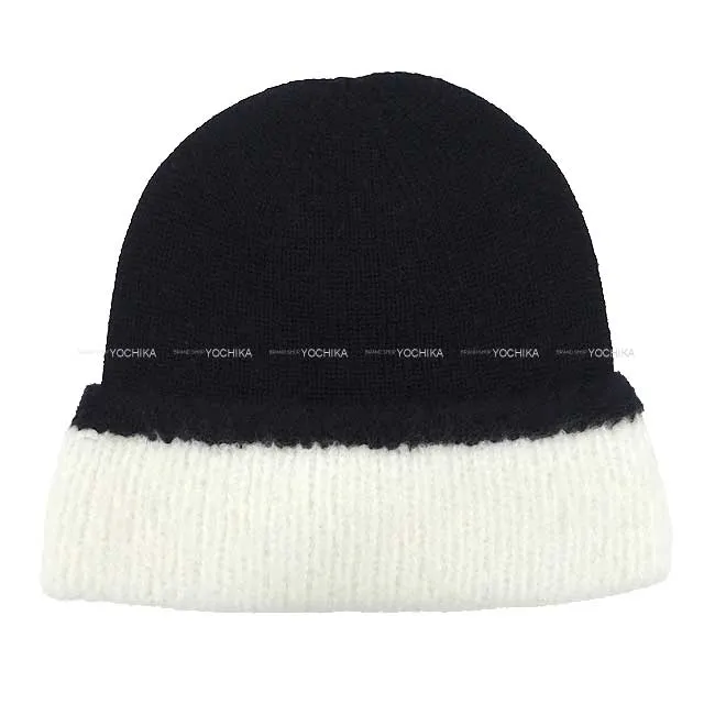 CHANEL Knit cap With Coco Mark patch Noir (Black)/Blanc (White) cashmere47/wool38/silk13/polyamide1/elastane1 AA9511[BRAND NEW][Authentic]