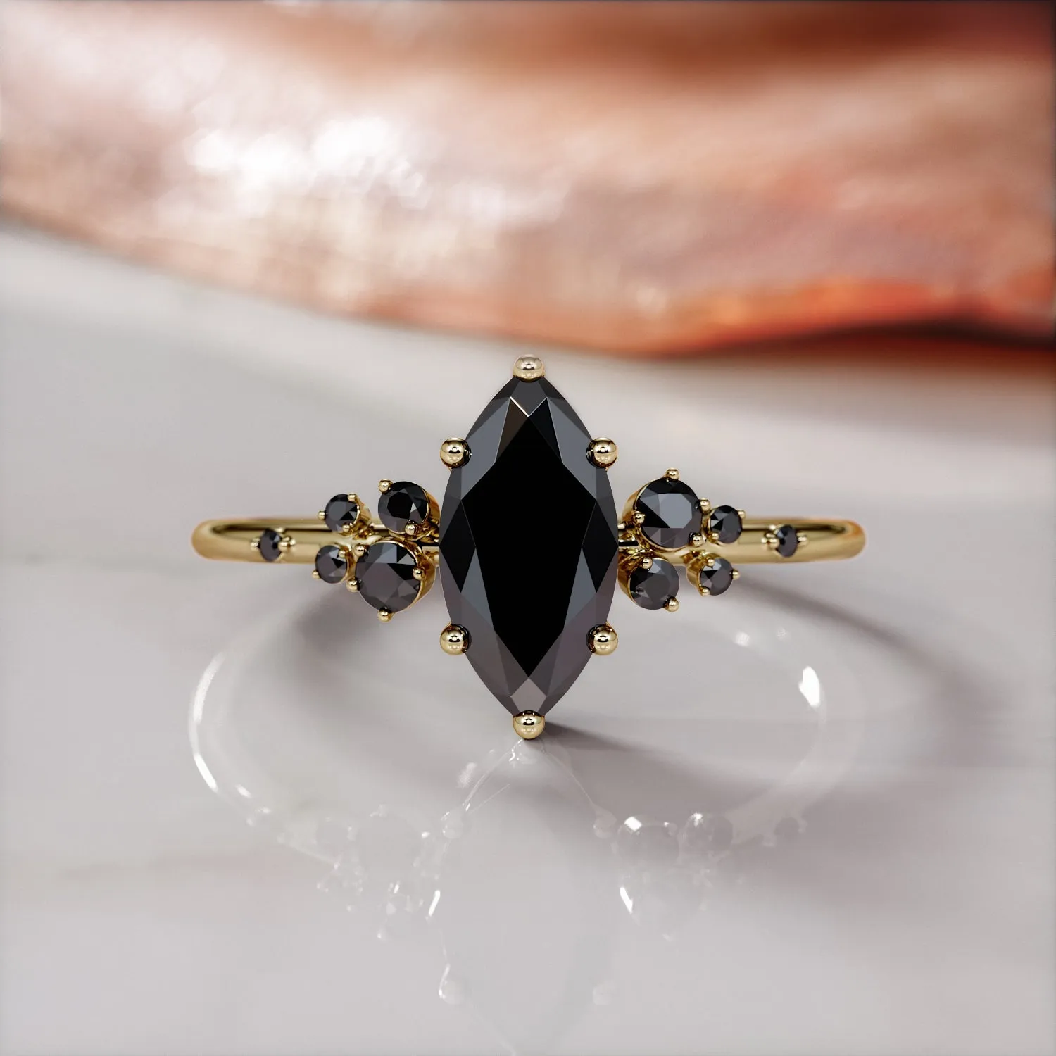 Darkiopeia -   Cluster  Natural Black Diamond Marquise Engagement Ring  in Yellow Gold