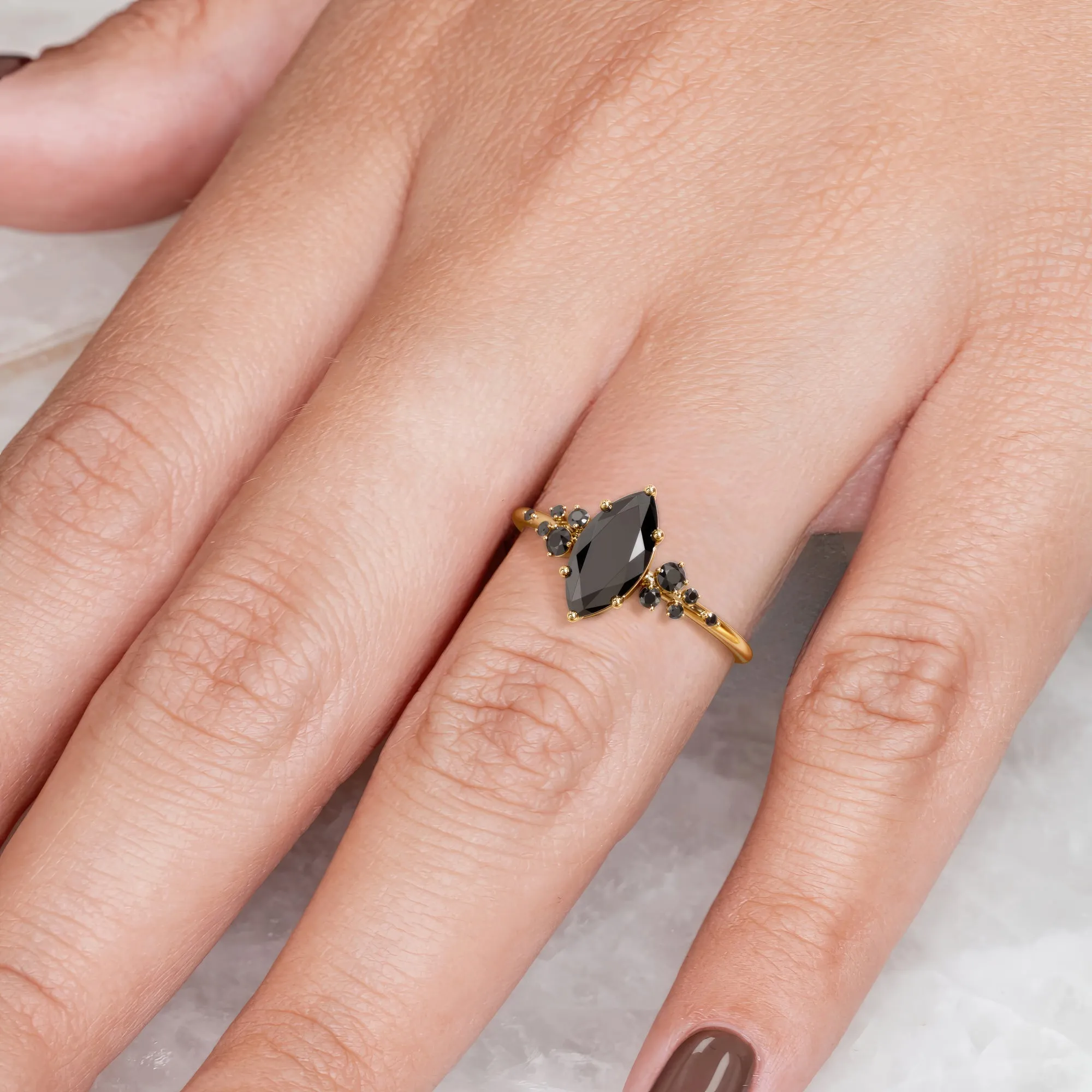 Darkiopeia -   Cluster  Natural Black Diamond Marquise Engagement Ring  in Yellow Gold