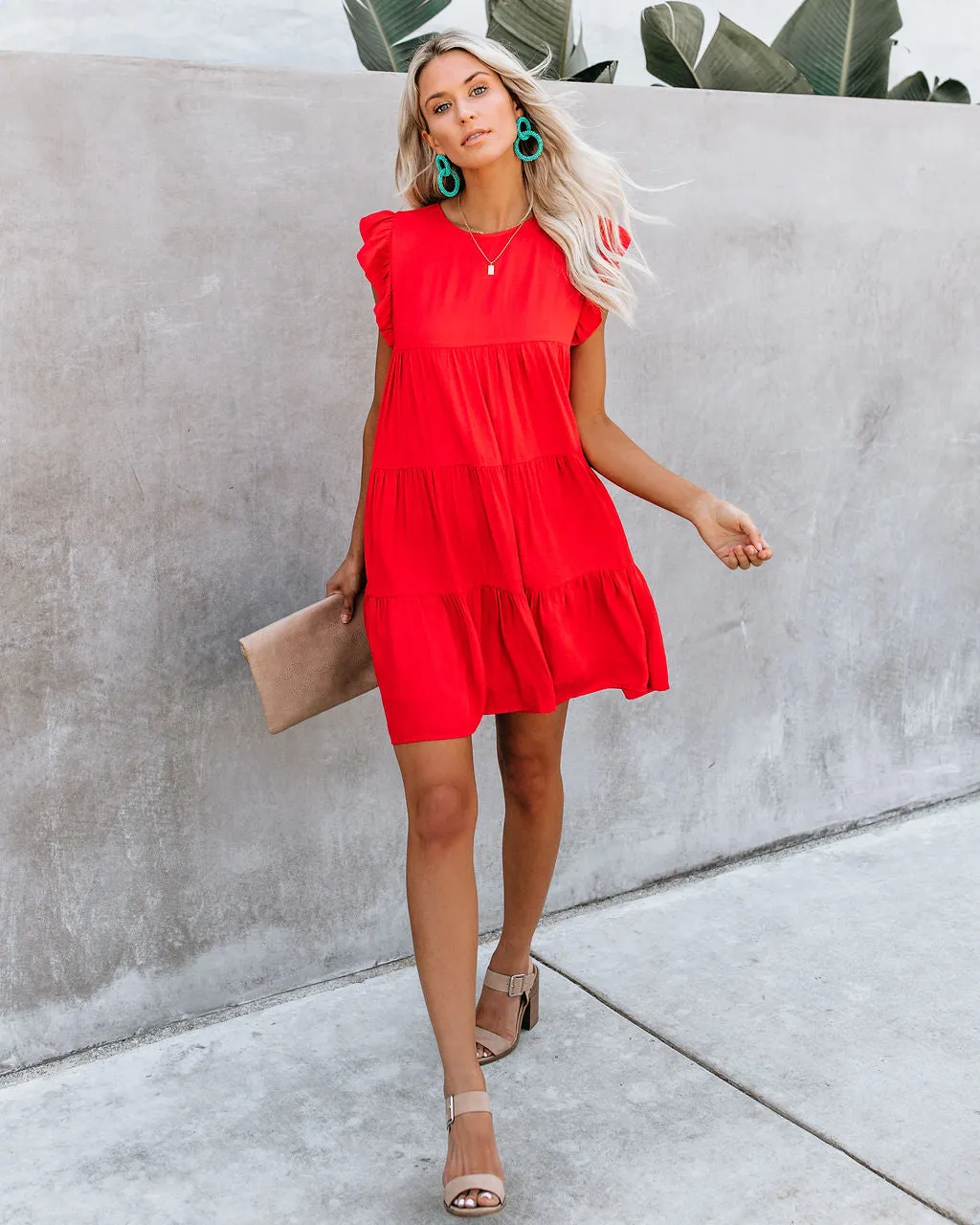 East Coast Pocketed Tiered Babydoll Dress - Red