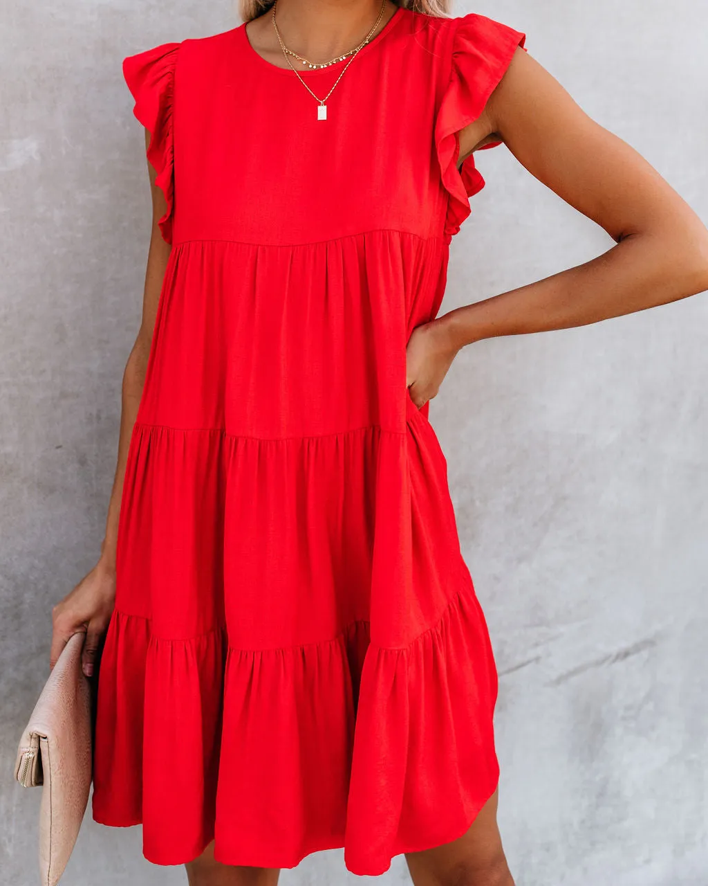 East Coast Pocketed Tiered Babydoll Dress - Red