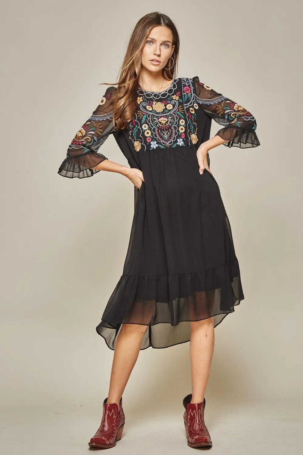 Embroidered Babydoll Midi Dress