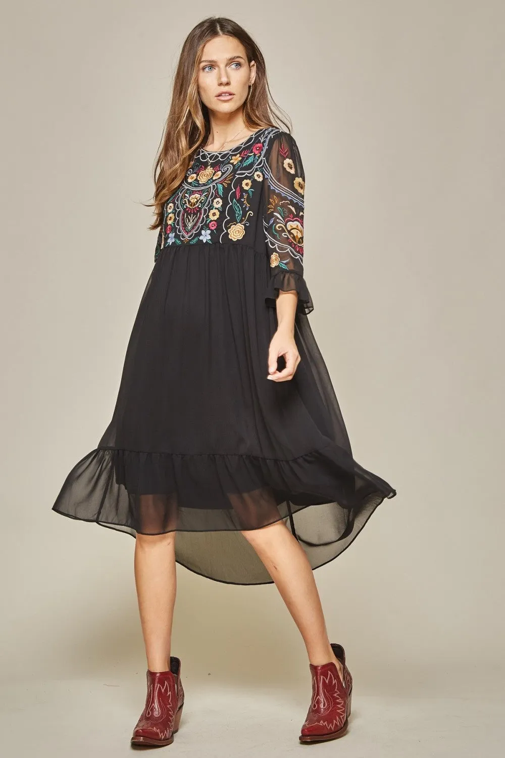 Embroidered Babydoll Midi Dress