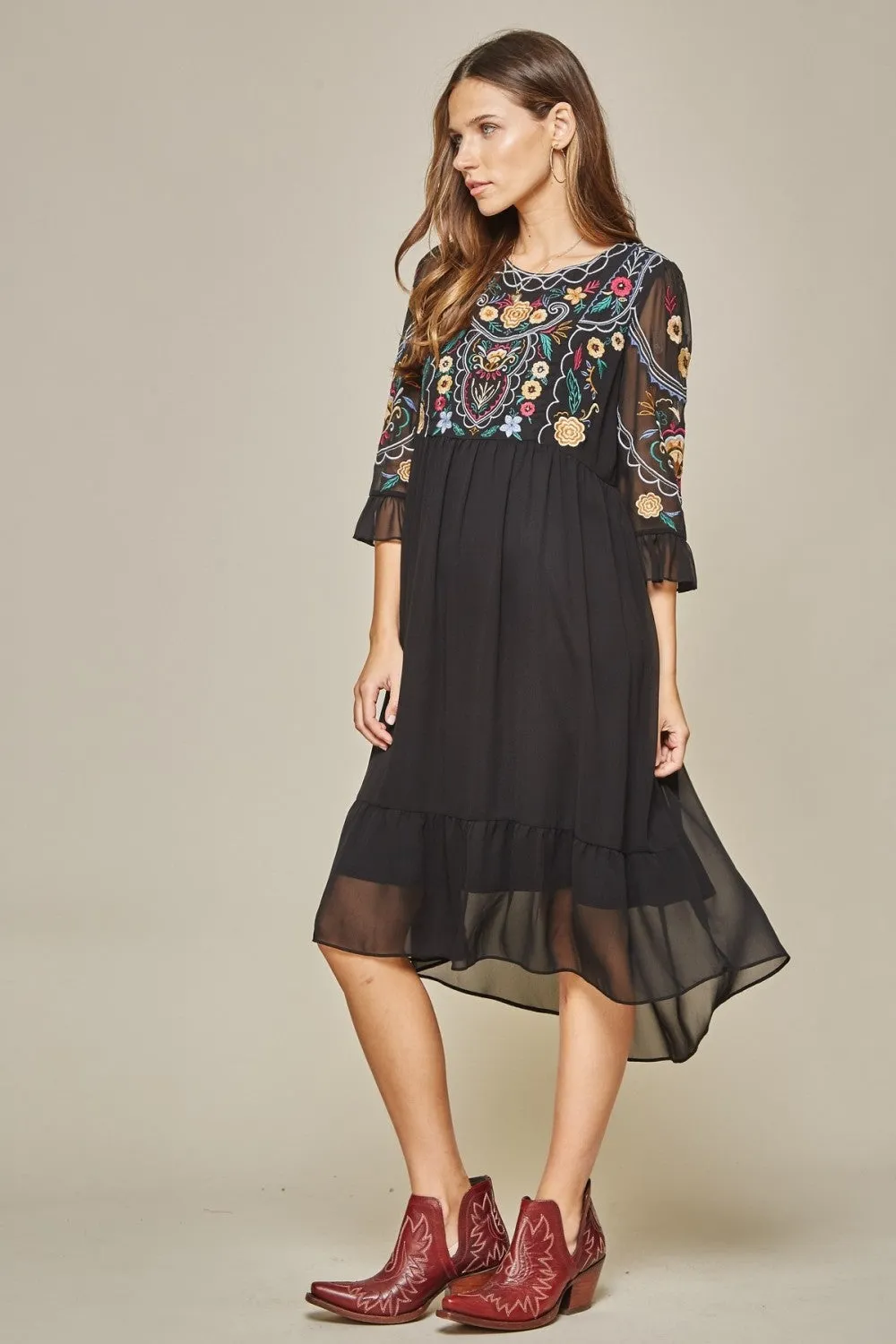 Embroidered Babydoll Midi Dress