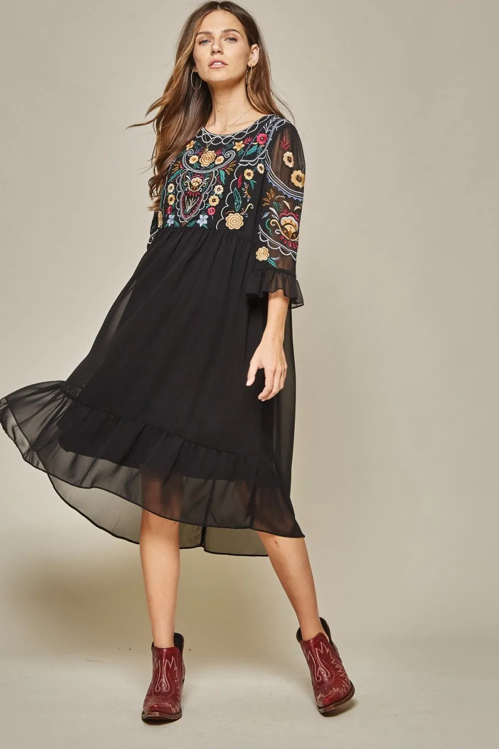 Embroidered Babydoll Midi Dress