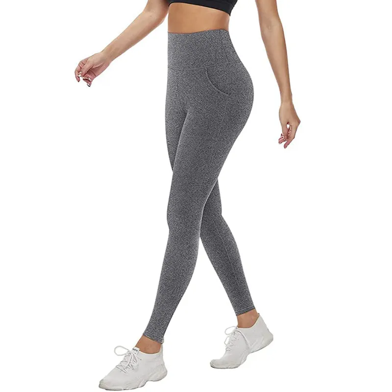 Fullsoft Grey Womens Yoga Leggings With Pocket High Waisted Tummy Control Pants