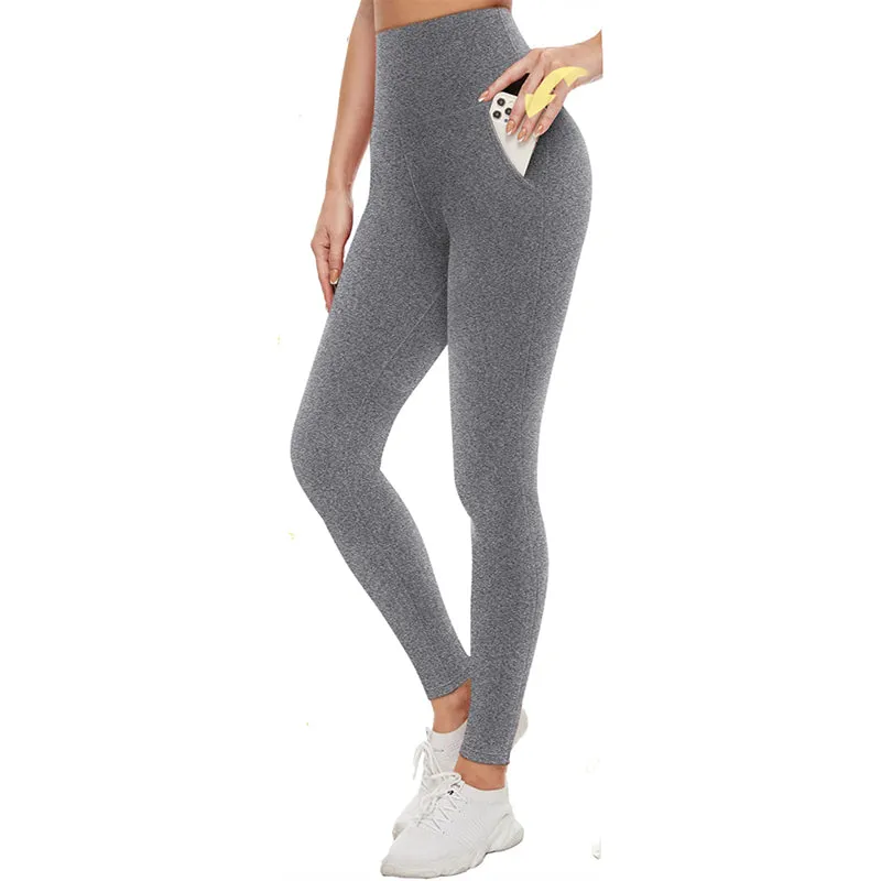 Fullsoft Grey Womens Yoga Leggings With Pocket High Waisted Tummy Control Pants