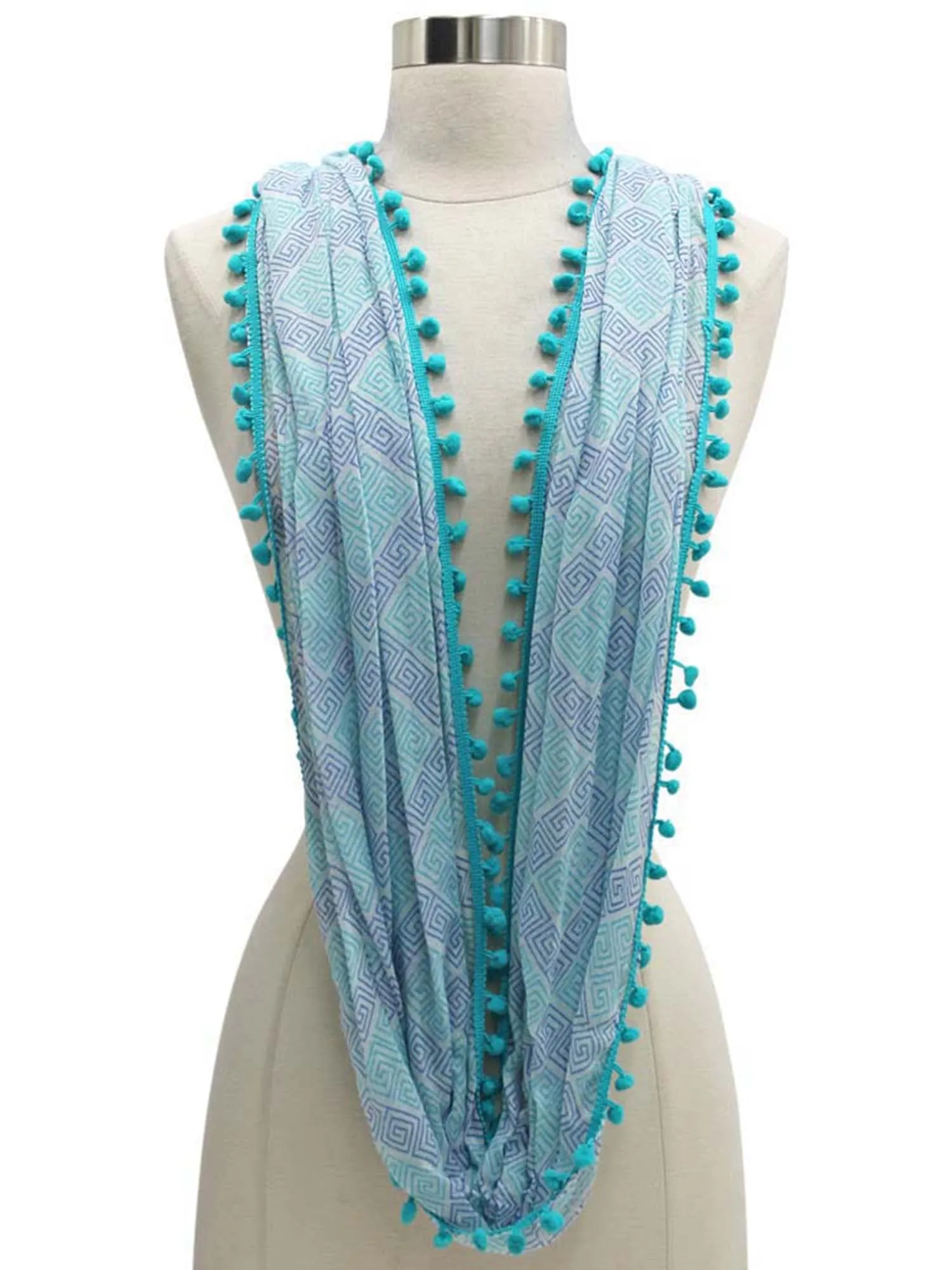 Greek Inspired Circle Scarf With Pom-Pom Trim