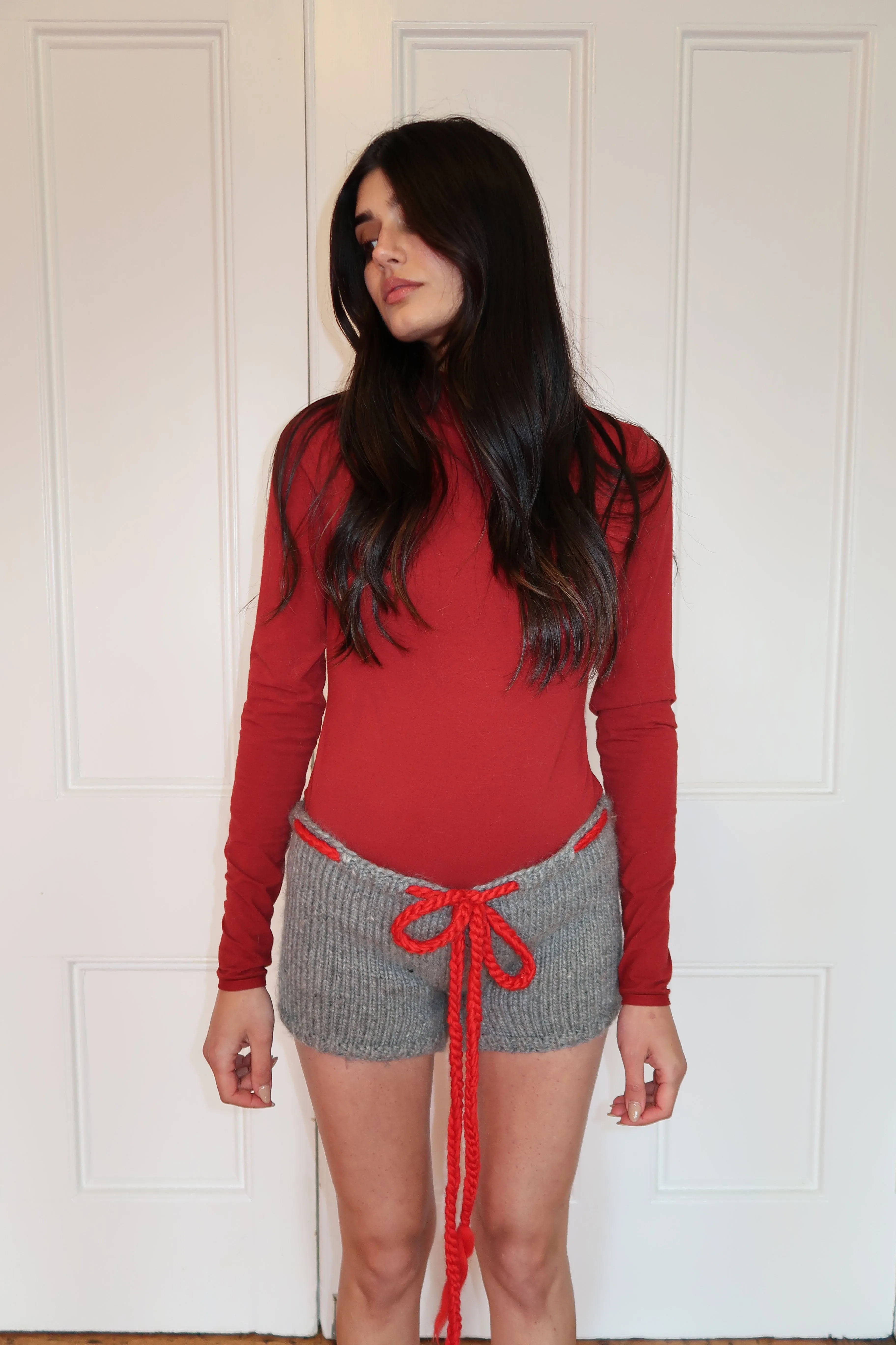 Grey and Red Bow Knit Shorts