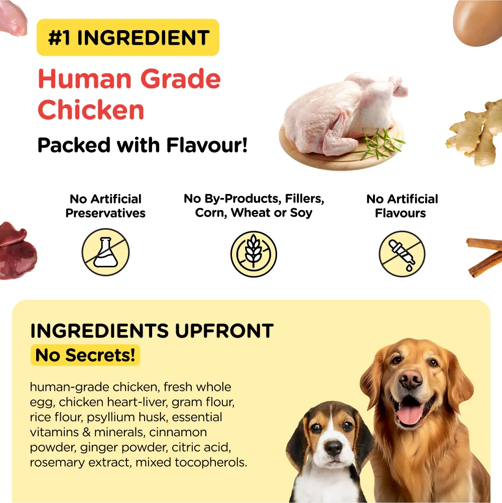 Henlo Chicken and Egg Baked Dry Food for Adult Dogs & Puppies and Pedigree Dentastix Oral Care (Large Breed) Dog Treats Combo