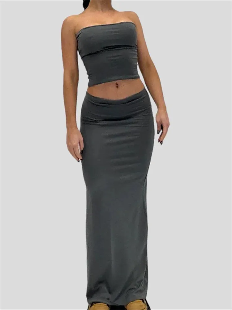 JuliaFashion - Off Shoulder Sexy Solid Strapless Tube Skirt Suits