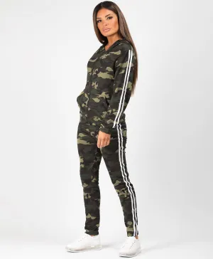 Khaki Camouflage Side Stripe Tracksuit Loungewear Set