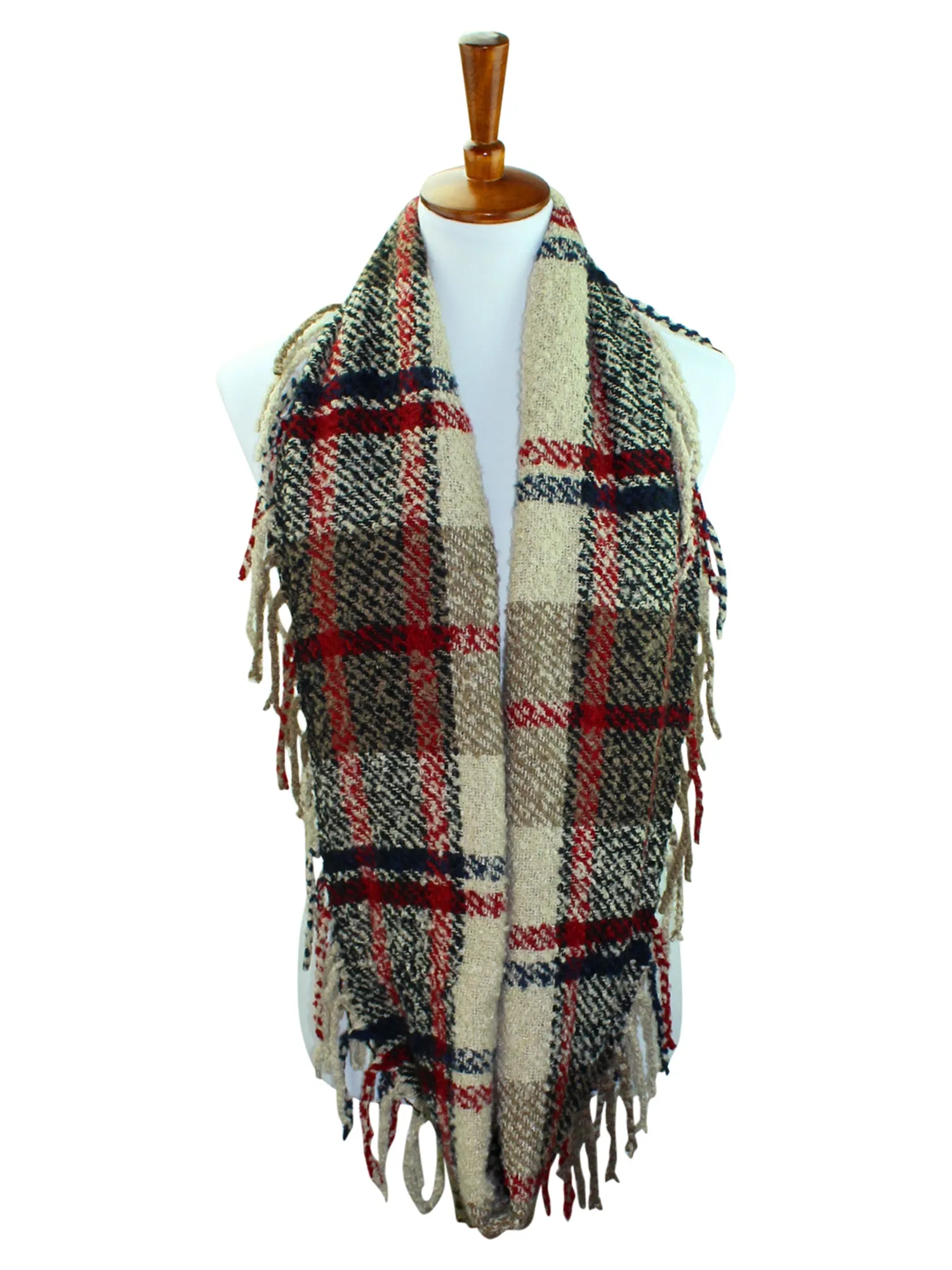 Knit Plaid Infinity Scarf With Fringe Finish