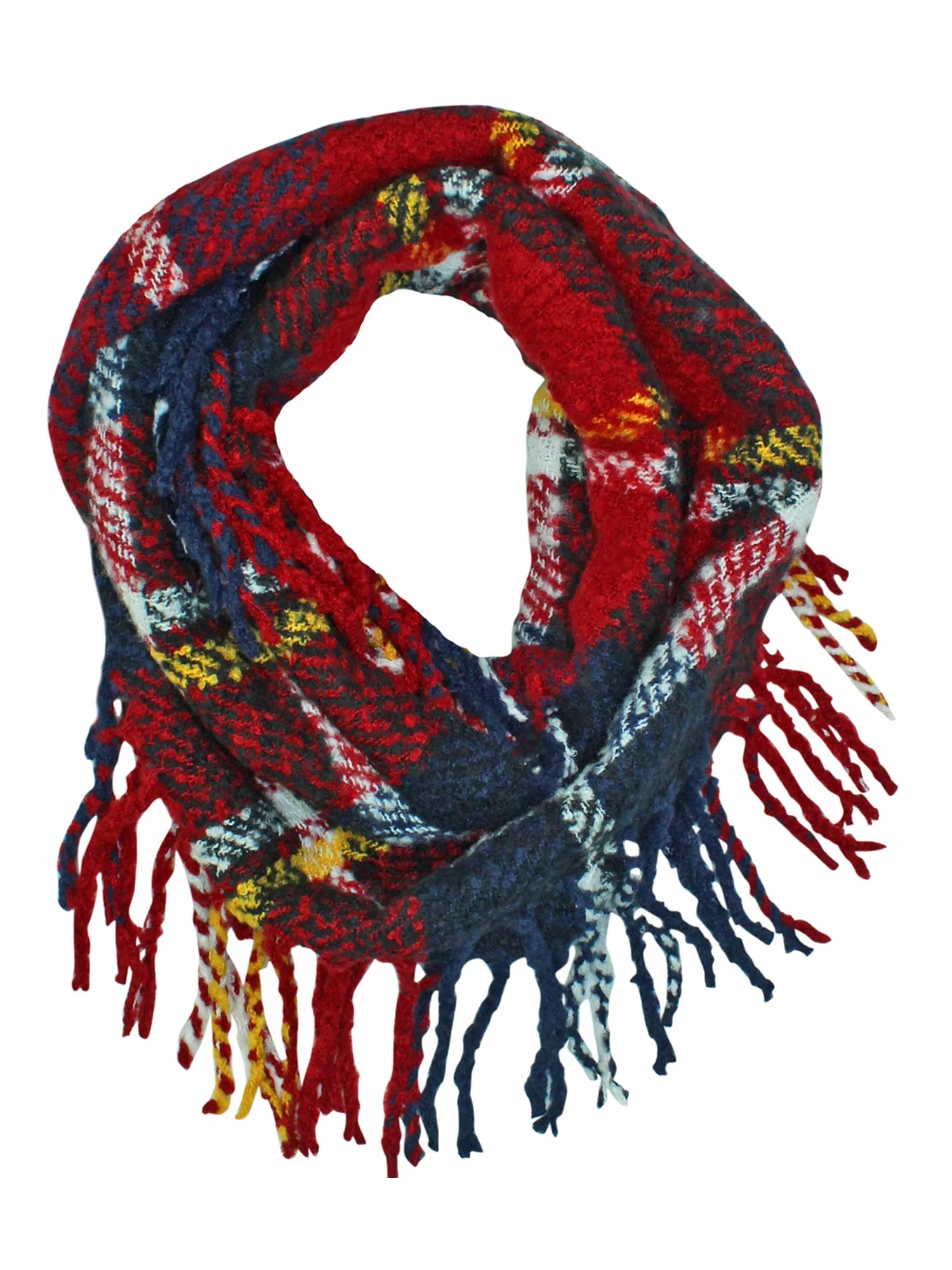 Knit Plaid Infinity Scarf With Fringe Finish