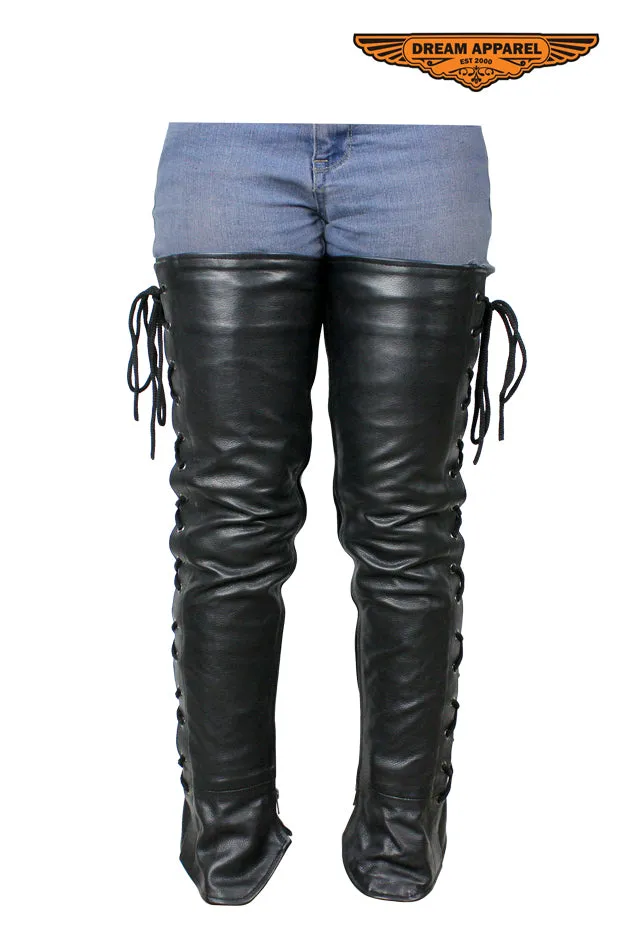 Ladies Naked Cowhide Leather Laced Leggings - Black