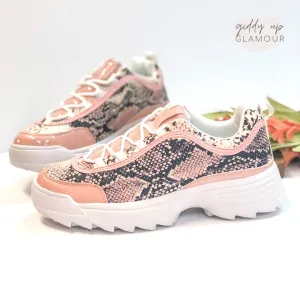 Last Chance Size 6 | Bad Blood Chunky Lace Up Sneakers in Blush Snake