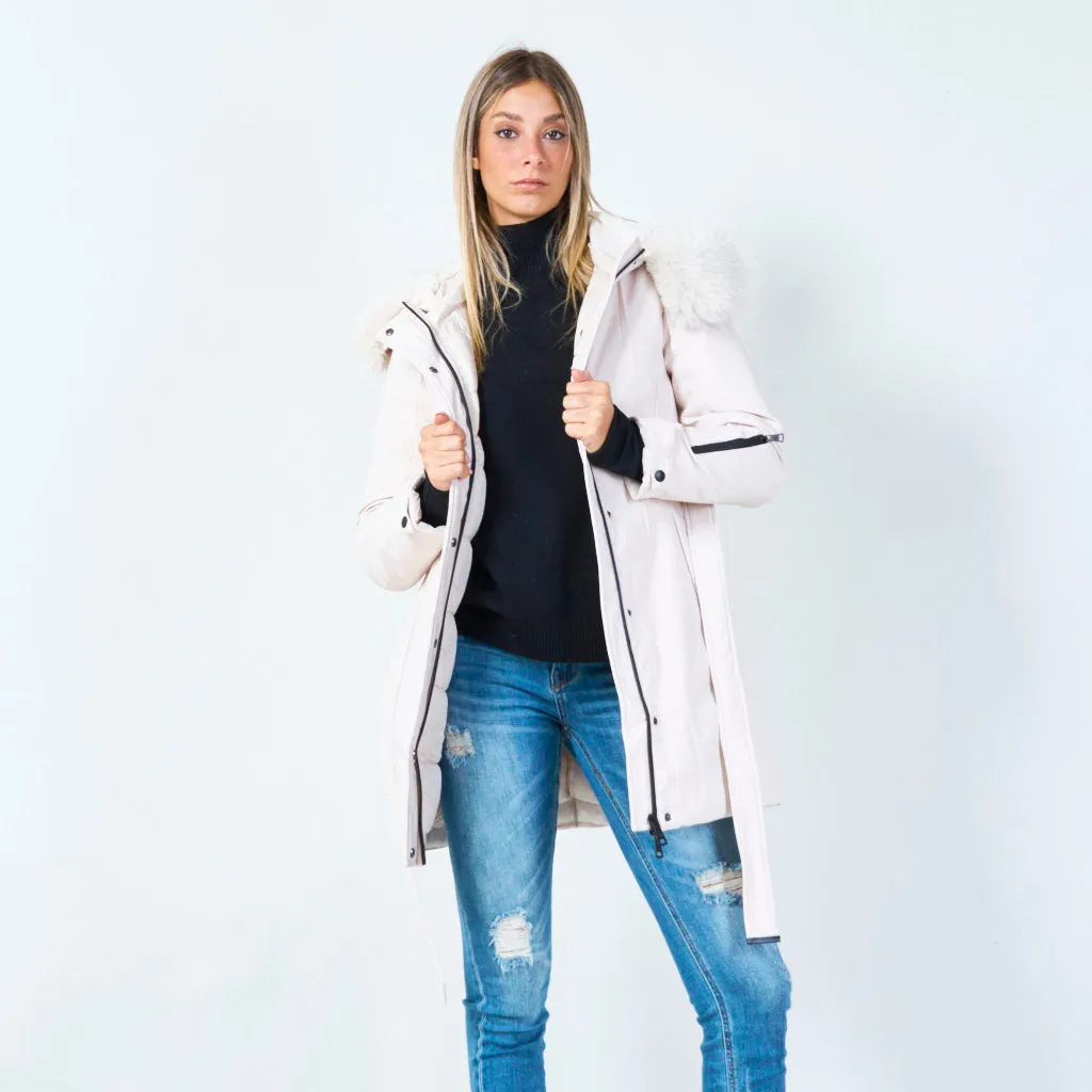 Luxe faux fur-trimmed parka with zipper details wholesale