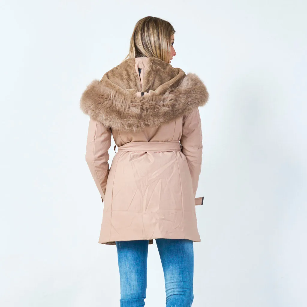 Luxe faux fur-trimmed parka with zipper details wholesale