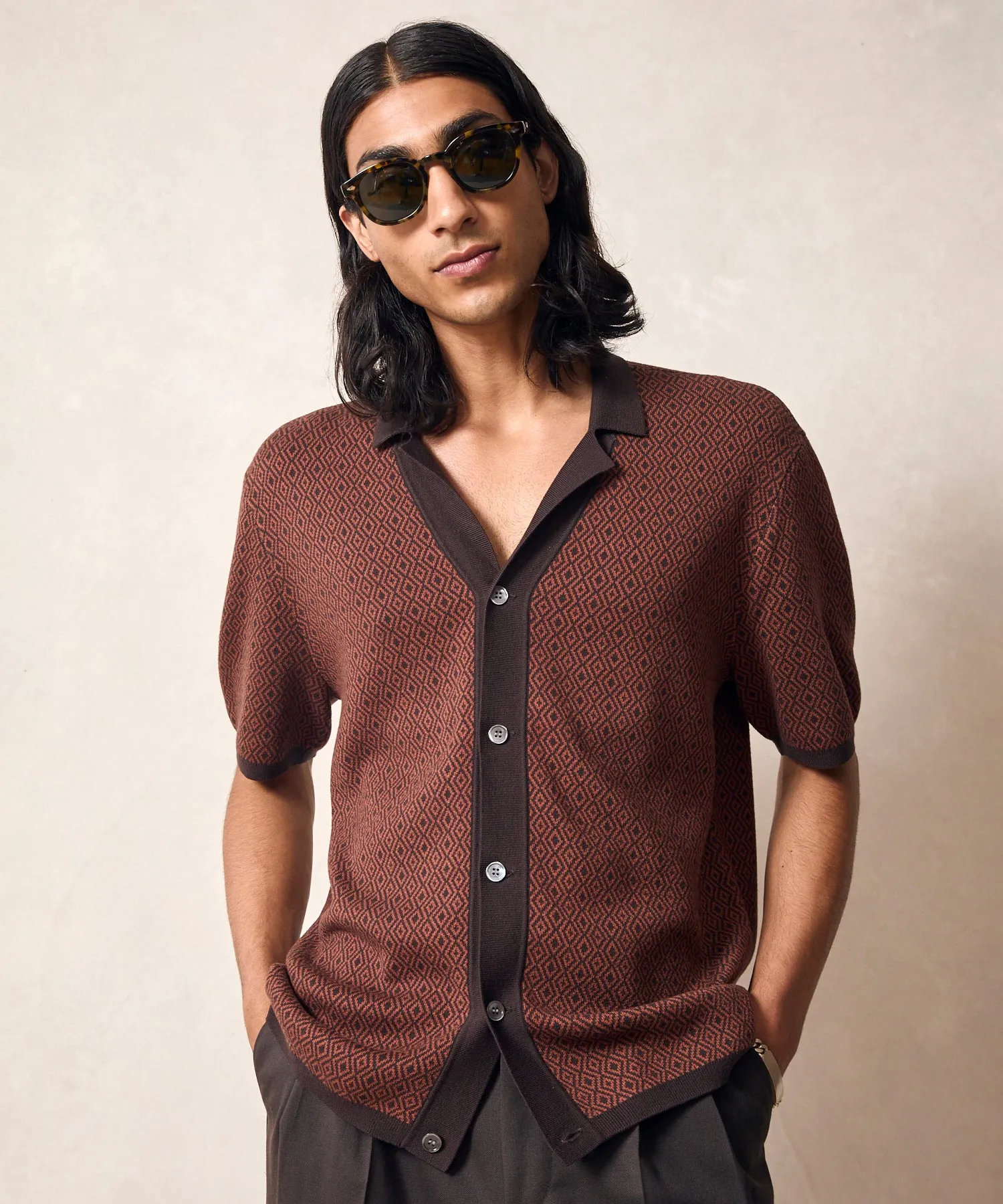 Micro Diamond Bungalow Sweater Polo in Saddle Brown