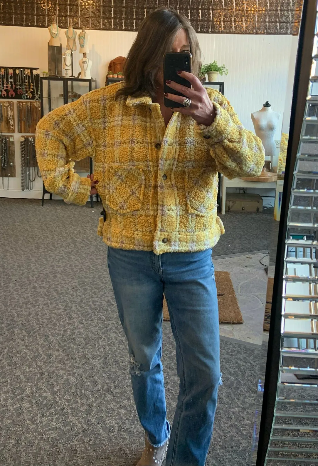 Mustard Plaid Sherpa Coat - Small to 3X