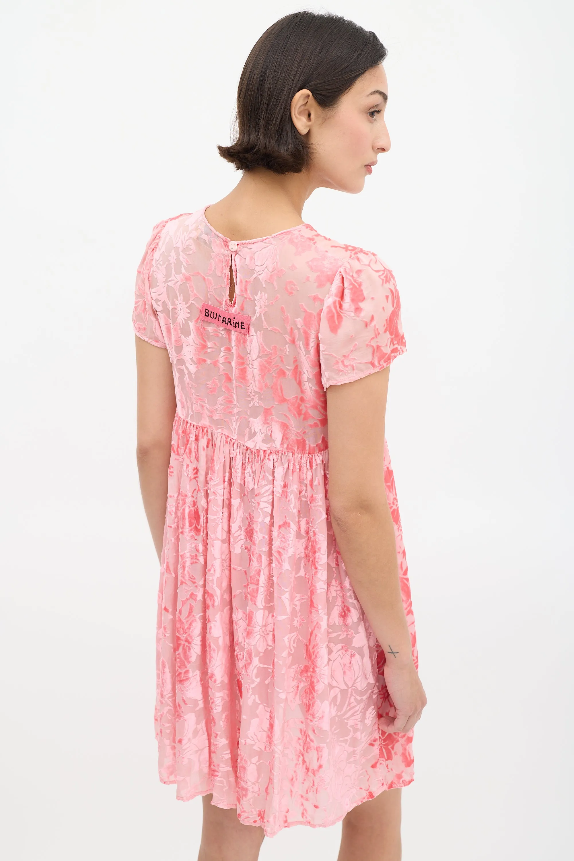 Pink Velvet Floral Semi Sheer Dress