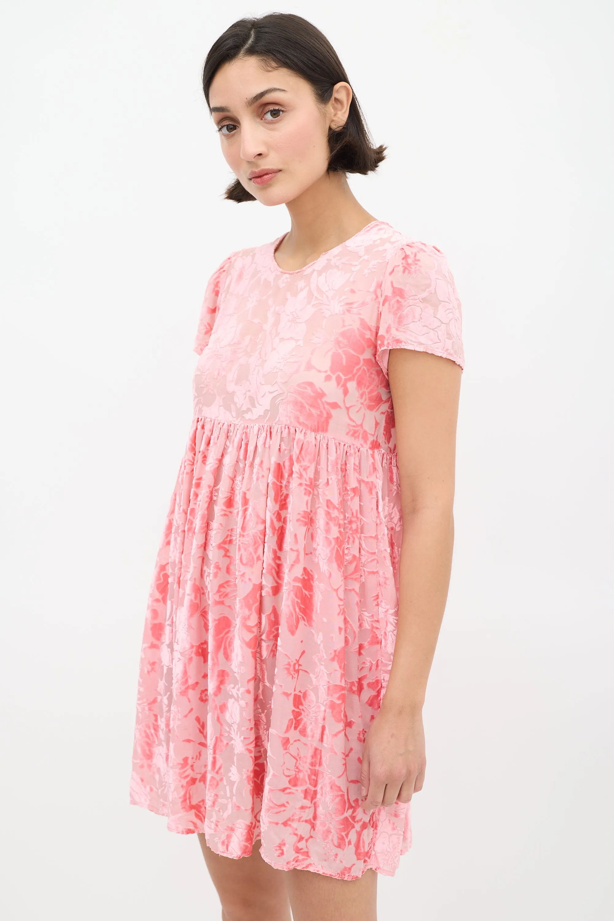 Pink Velvet Floral Semi Sheer Dress