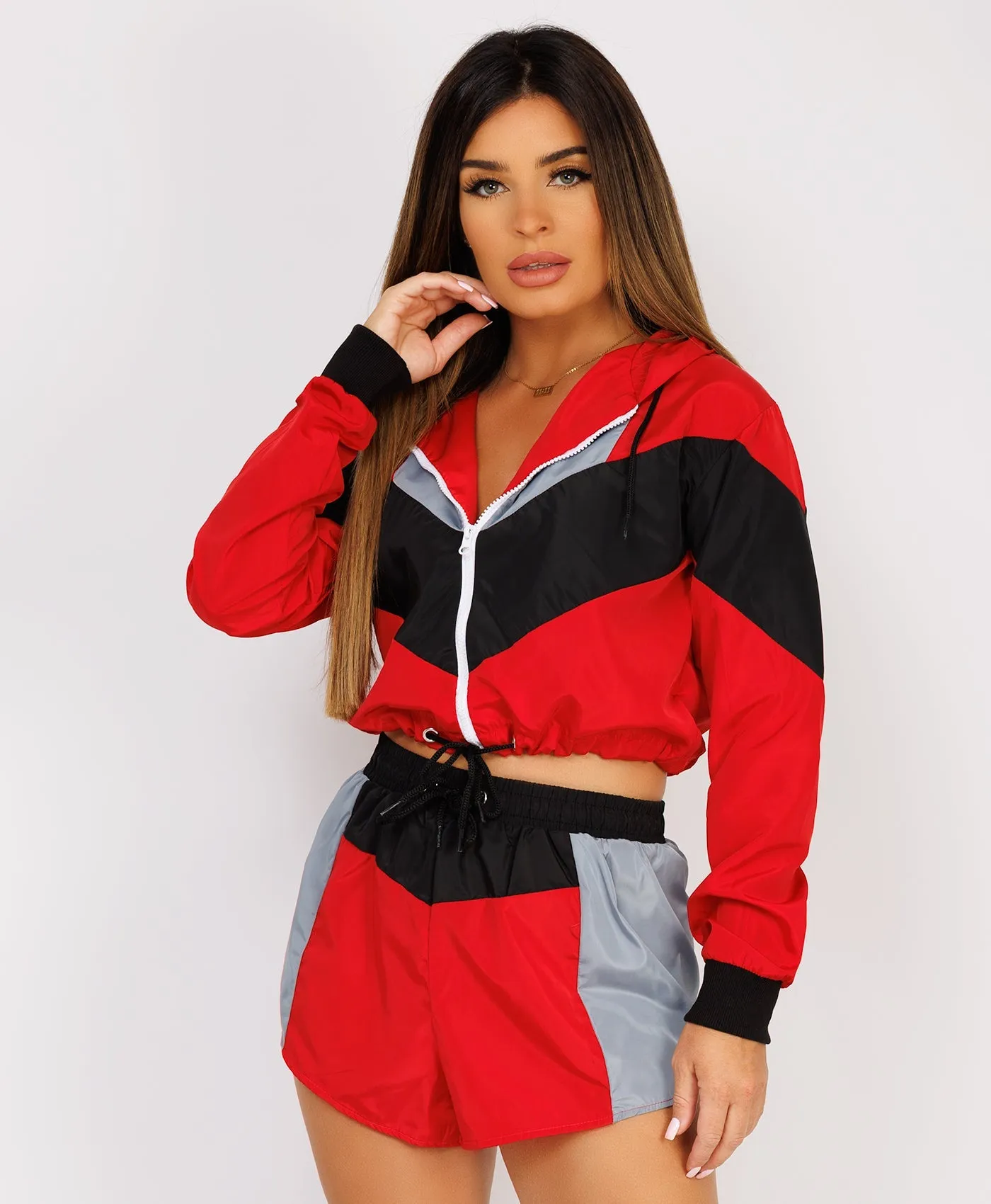 Red Grey Block Jacket & Shorts Festival Co Ord