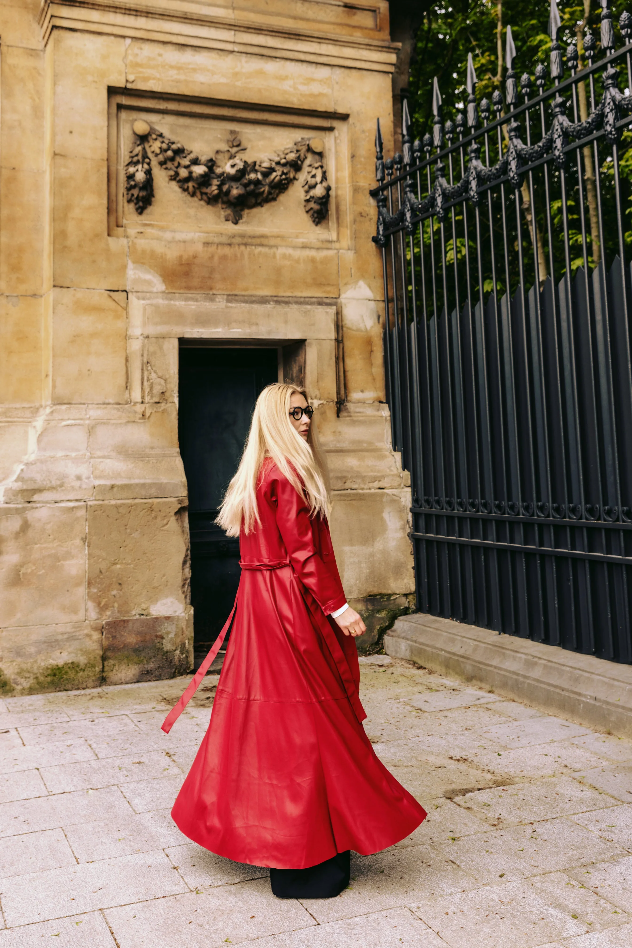 Red Long Button-Up Eco-Leather Trench