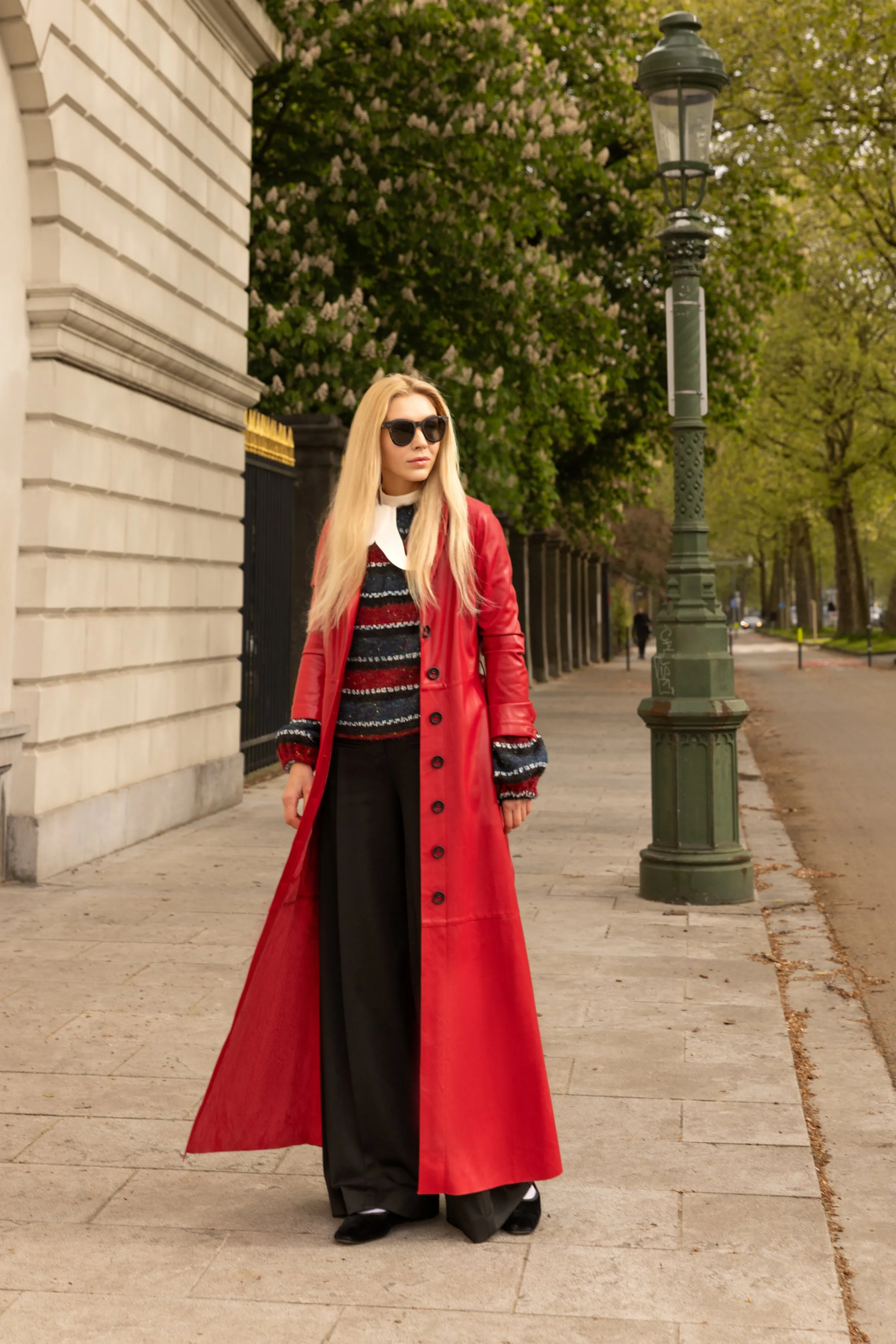 Red Long Button-Up Eco-Leather Trench