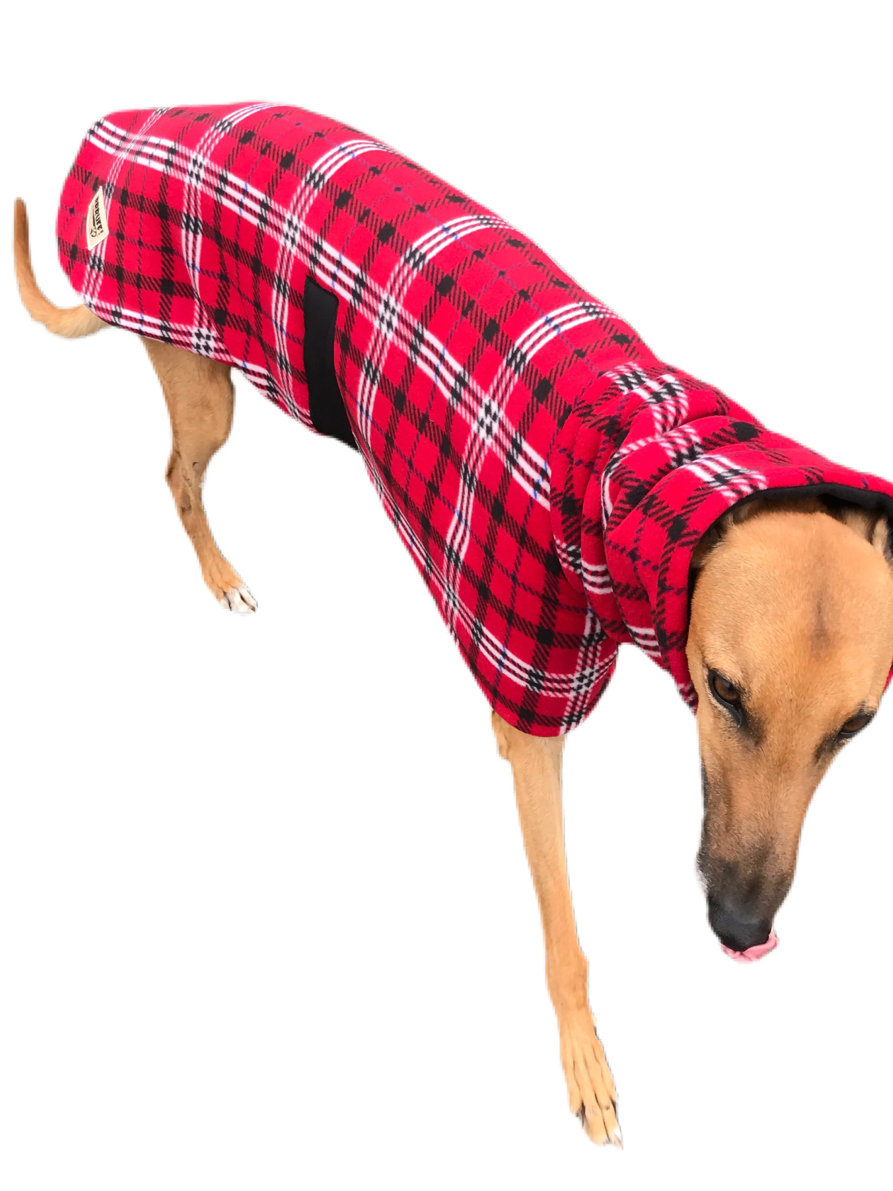 Scotch red flanno print deluxe style greyhound coat Sherpa lined double polar fleece washable