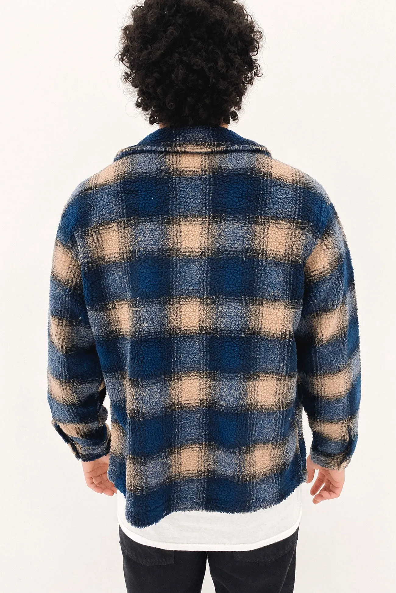 Shadow Plaid Sherpa Zip Shirt Navy