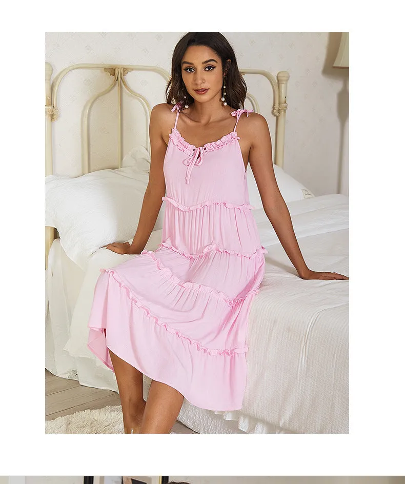 Simple Ruffle Lace Up Pink Casual Summer Dress