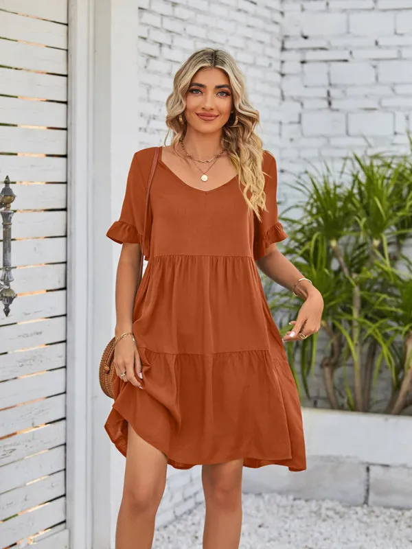 Summer Casual V-Neck Babydoll Three Layer Pleated Dress