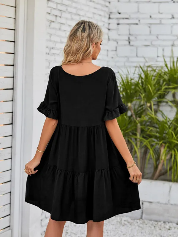 Summer Casual V-Neck Babydoll Three Layer Pleated Dress