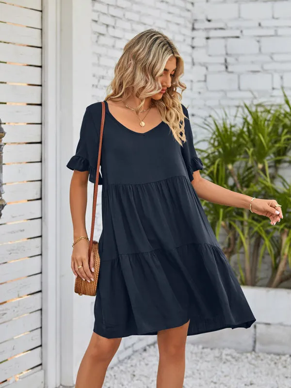 Summer Casual V-Neck Babydoll Three Layer Pleated Dress